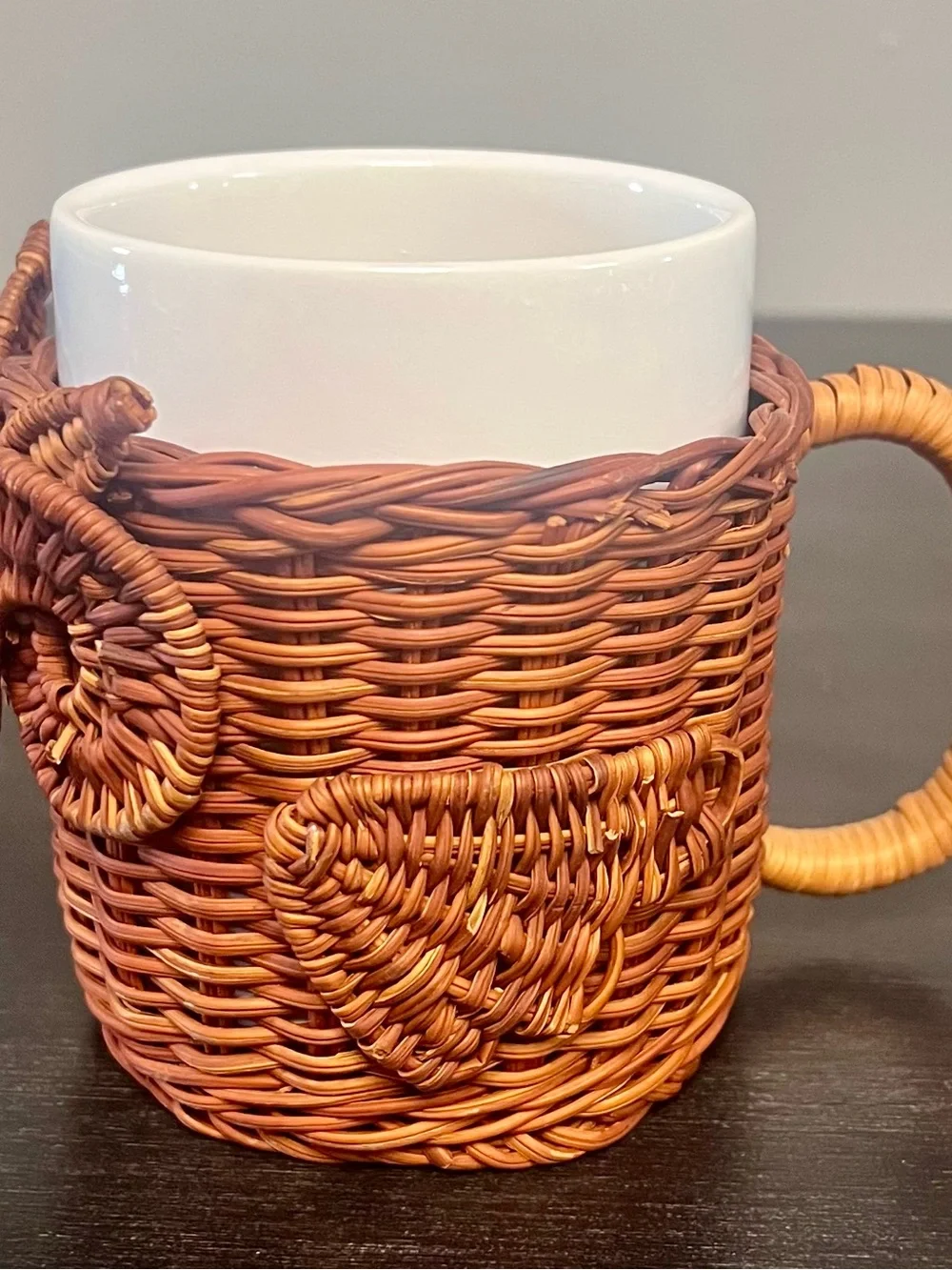VTG 70s Wicker Ratan Owl Coffee Mug Cup Holder Planter Boho Decor Cottagecore
